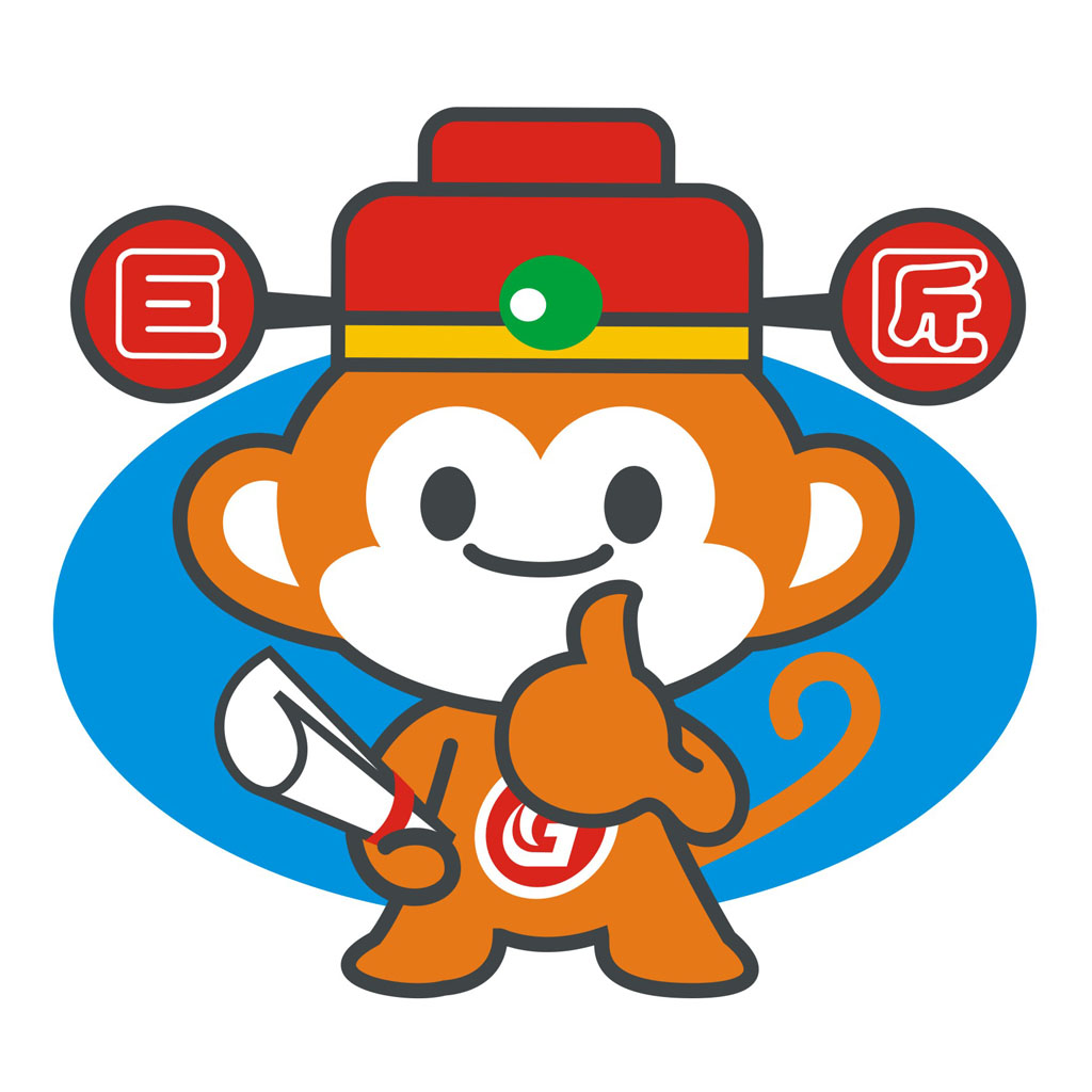 头戴状元帽,并将「巨匠」两字标示於状元帽上,右手纸张象徵考上理想