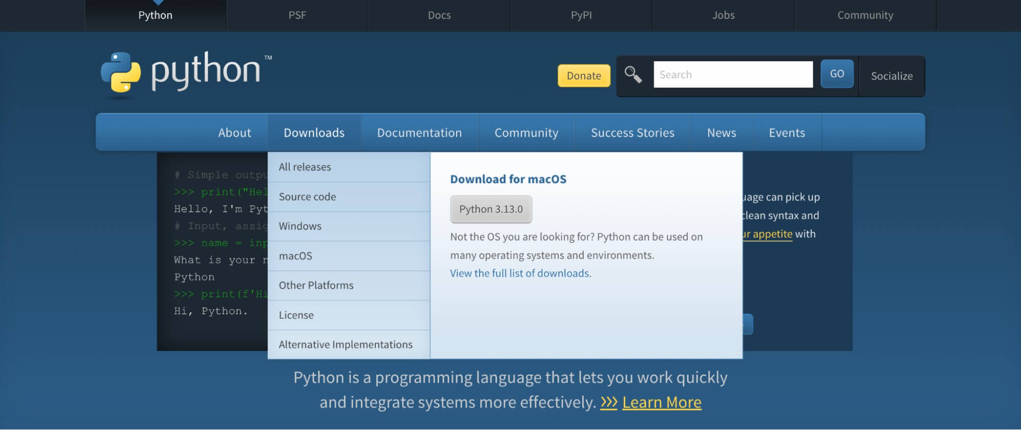 Python 安裝 Step 1：前往 Python 官方網站下載頁面